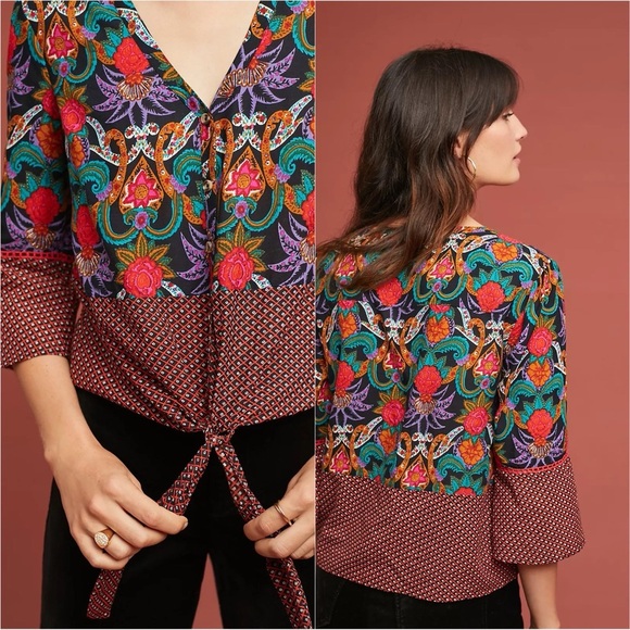 Anthropologie Maeve Top Carter Blouse Button Front Tie Waist 3/4 Sleeve Floral 4 - Picture 2 of 12